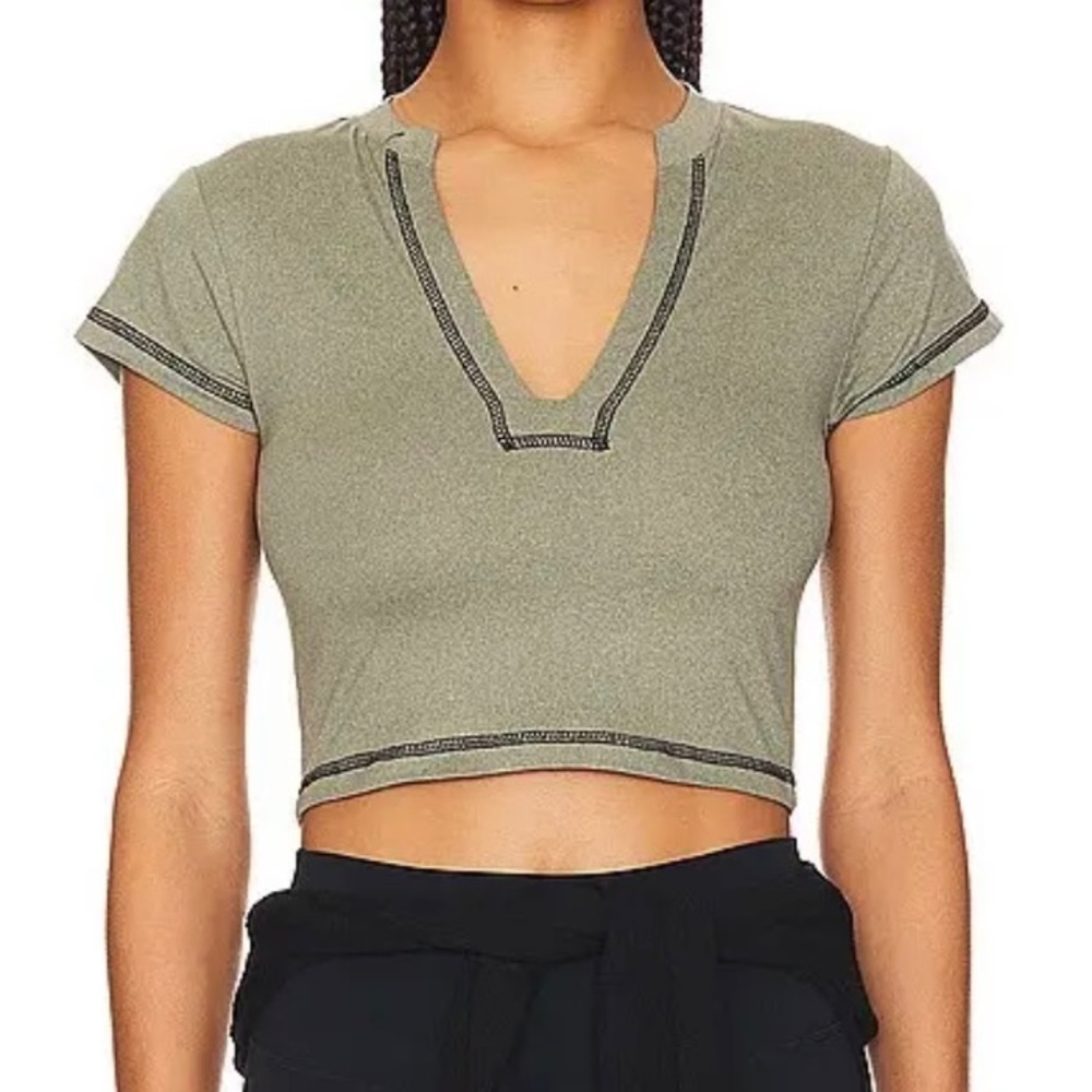Weworewhat Womens Small V Neck T Shirt Army Cropped Green Stretch